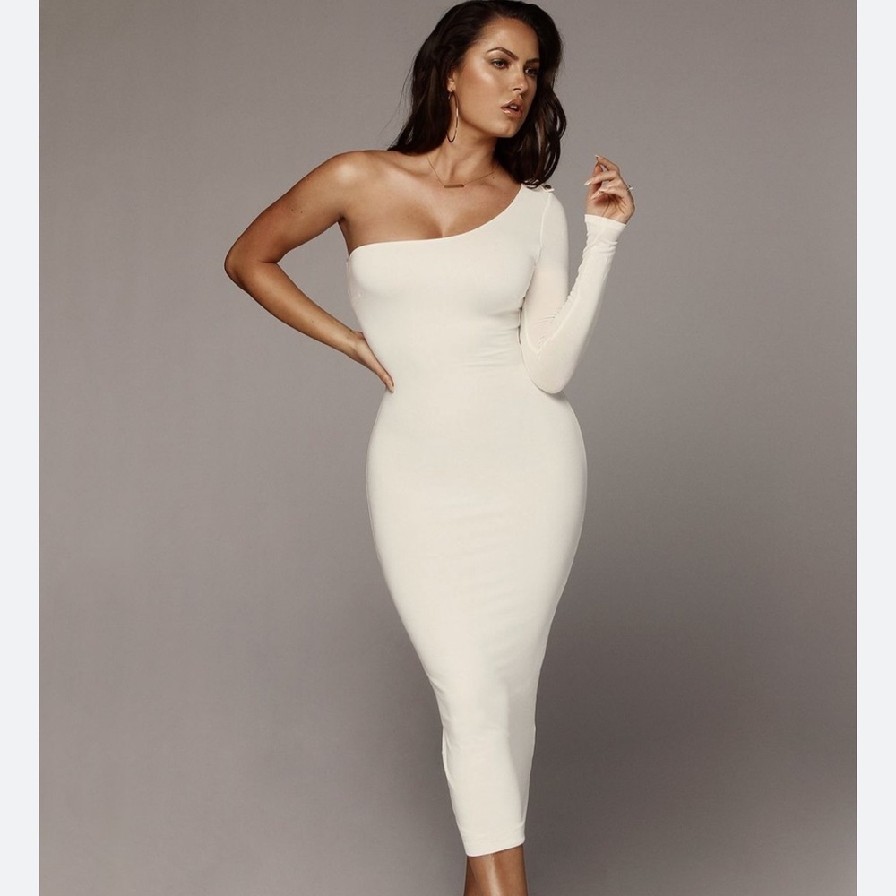NWT JLUXBASIX IVORY EM ONE SHOULDER BASIC DRESS